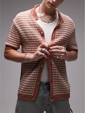 Topman / Crochet Knit Button Up Polo Textured / Rust